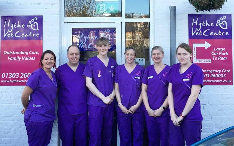 Hythe Vet Centre team outside the practice on Portland Road in Hythe