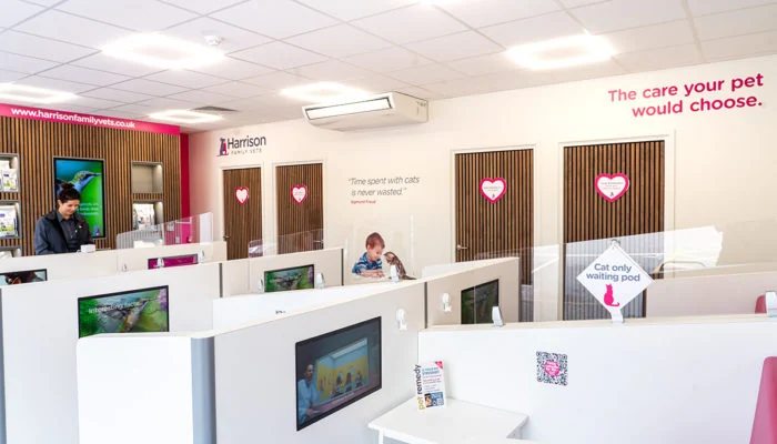 Reception and individual waiting areas at Harrison Family Vets in Doncaster