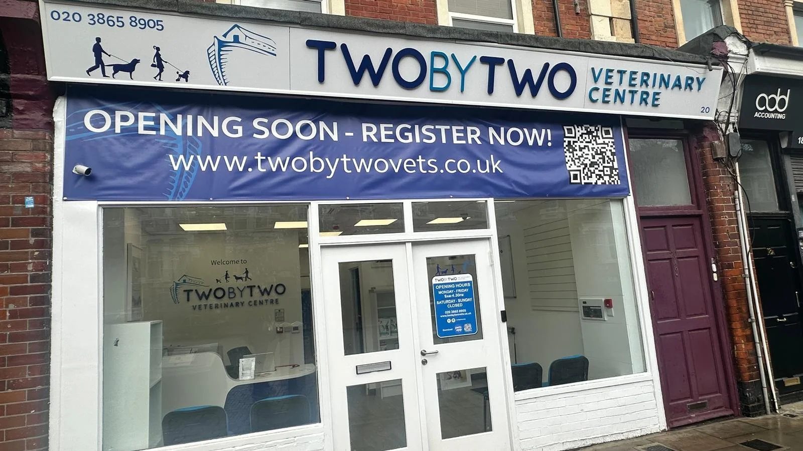 Front entrance of Two by Two Veterinary Centre on Long Lane in Finchley